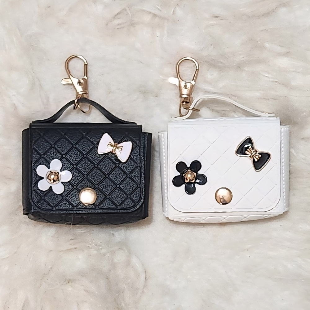 White and Gold Quilted Mini Purse Bag Charm with Floral and Bow Black Accents